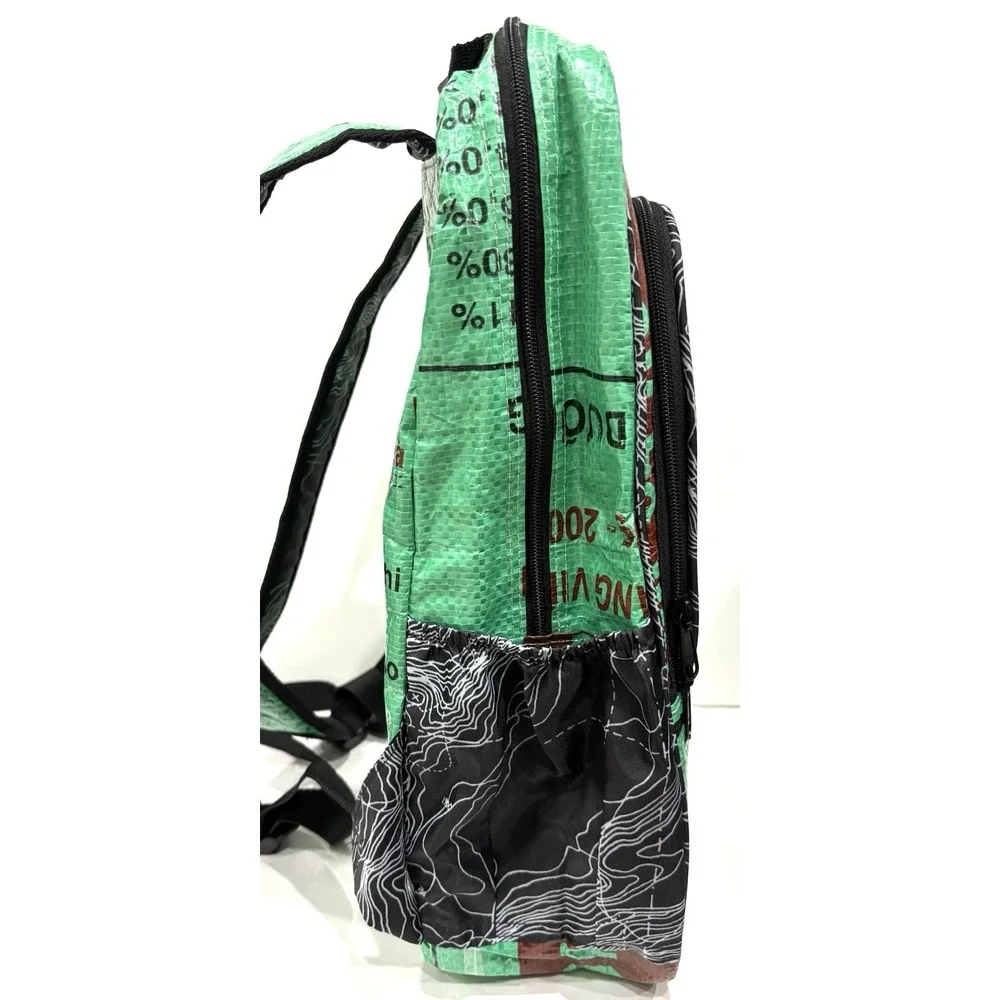 Torrain Upcycled Vietnamese Feed Sack Backpack Green Fish Print NWT